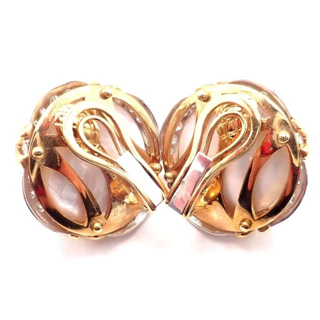 Verdura Vintage Diamond Mabe Pearl Yellow Gold & Platinum Large Earrings, Pair For Sale - Image 9 of 13