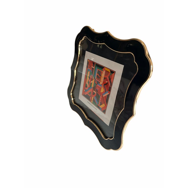 Metal Vintage 1980's Hermès “Perspective Cavalière” Print of Hermes Scarf Avertisement Art in Black & Gold Scalloped Frame For Sale - Image 7 of 10