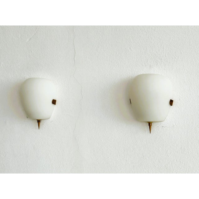 Mid-Century Modern Mid-Century French Minimalist Glass and Brass Wall Sconces, 1950, Set of 2 For Sale - Image 3 of 12