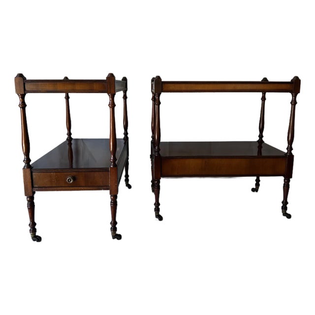 Pair of Antique English Mahogany Two-Tier Side Tables on Casters, Circa 1900 For Sale