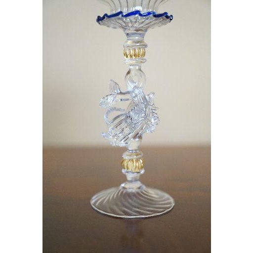 Glass Vintage Venetian Murano-Style Dolphin Stem Glass Compote With Cobalt Rim For Sale - Image 7 of 9