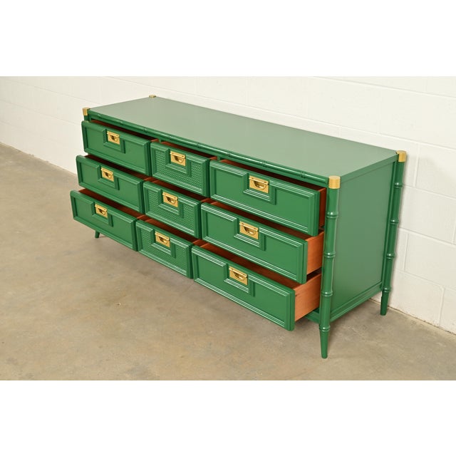 Mid-Century Hollywood Regency Campaign Green Lacquered Faux Bamboo Triple Dresser or Credenza by Stanley, Newly Refinished For Sale In South Bend - Image 6 of 16