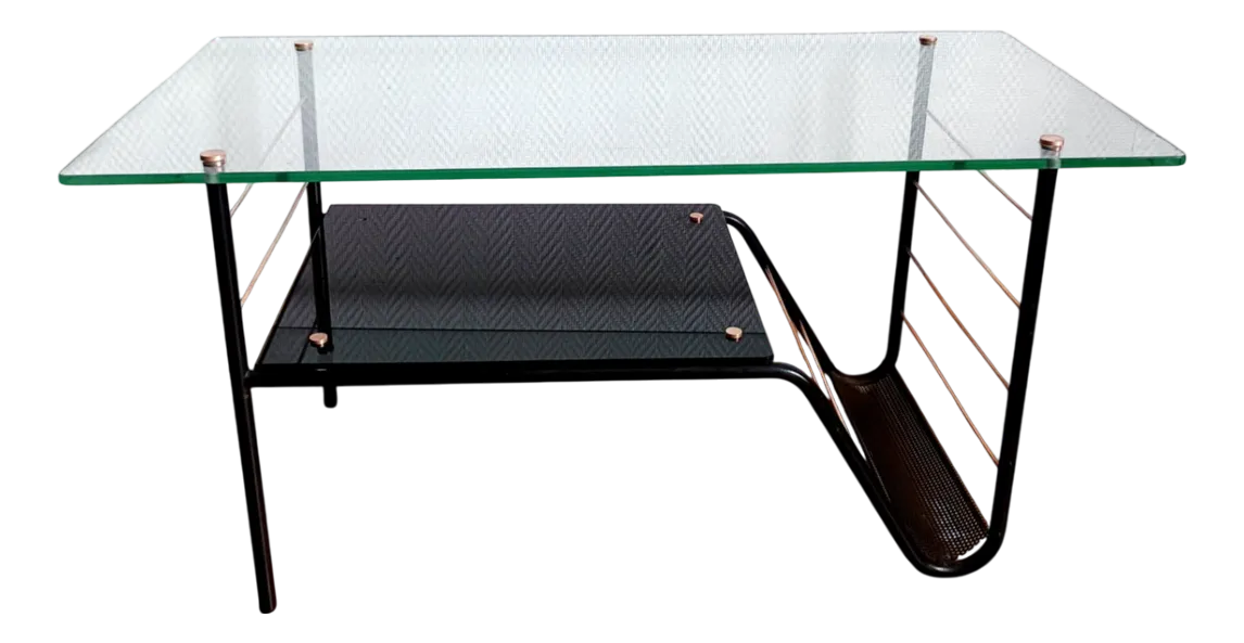 Coffee table with glass top and black metal base.