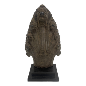 Antique Khmer Style Seven-Headed Naga Serpent Sculpture on Wood Base