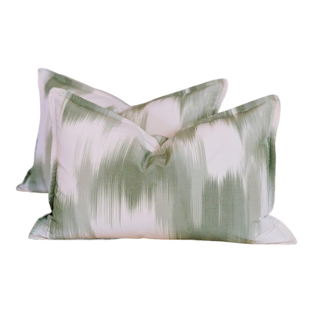 Pierre Frey La Grandiere in Topiaire Green Lumbar Pillows With Mini Flange- Pair For Sale