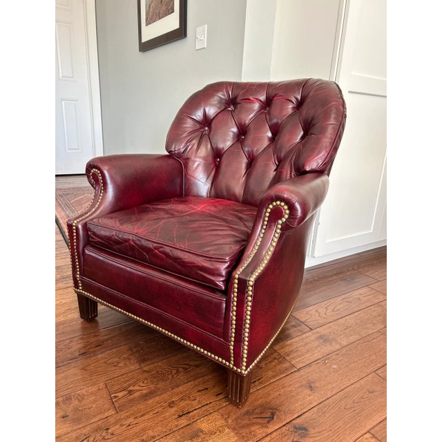 Hancock & Moore Vintage Hancock & Moore Mid-Century Tufted Leather Club Chair – Burgundy Leather, Mahogany Legs, Brass Nailhead Trim For Sale - Image 4 of 10