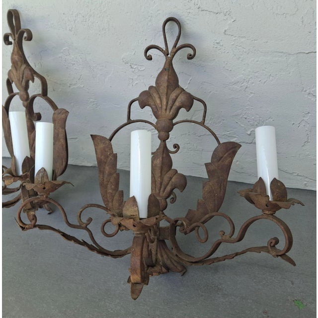 Large 19thc French Louis XVI Manor Style Dark Patinated Iron 3 Light Candle Sconces a - Pair For Sale - Image 4 of 17
