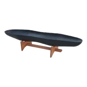 1970s Black Fiberglass Ap Peanut Planter With Mahogany Wooden Base Styled After John Follis