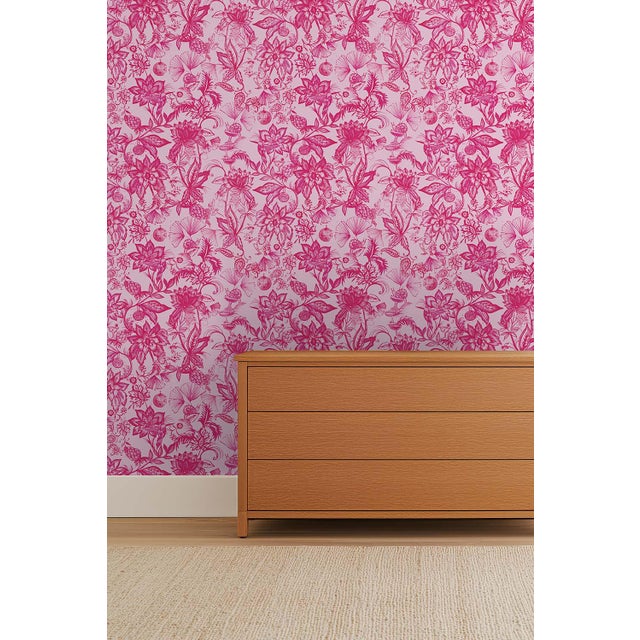 Not Yet Made - Made To Order Floral & the Frog Chinoiserie Grasscloth Wallpaper by House Party | Cherry Blossom Pink | 8 Yards For Sale - Image 5 of 7