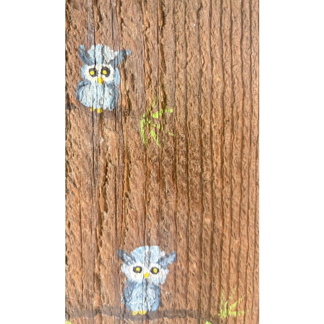 Late 20th Century Folk Art Owl Paintings on Reclaimed Wood, a Pair For Sale - Image 9 of 9