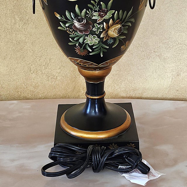 Wildwood Hand Painted Toleware Urn Table Lamp, Rocky Mount Nc, Floral Black & Gold For Sale - Image 9 of 18
