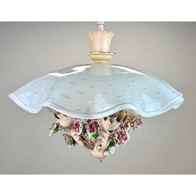 1950’s Italian Tole Chandelier With Murano Glass Shade Porcelain Flowers For Sale - Image 9 of 12