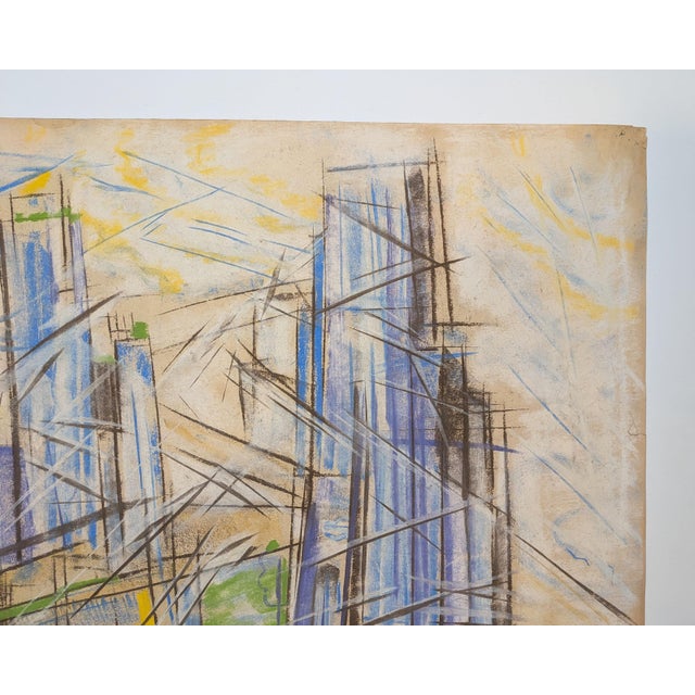 Mid-Century Modern Mid-Century Modern Futurist-Style Cityscape Drawing, Pastel on Paper, Unsigned For Sale - Image 3 of 6