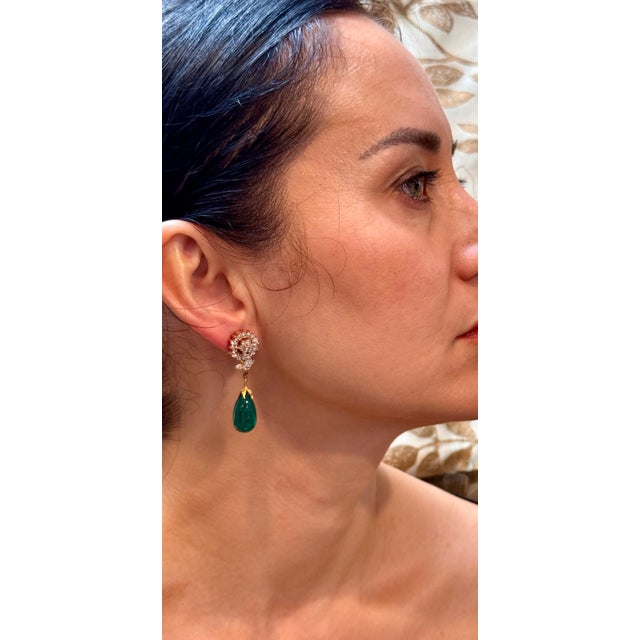 GIA Certified 28 Ct Emerald Cabochon & Diamond Drops Hanging Earrings 14 KYG For Sale - Image 11 of 18