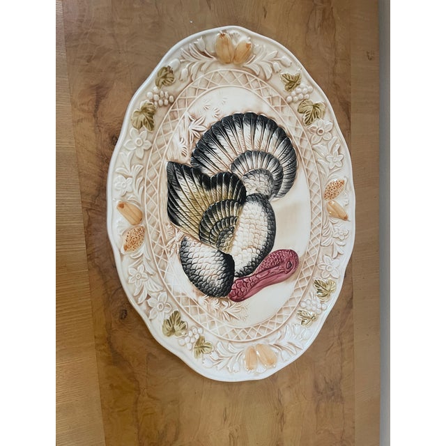 Shabby Chic Vintage Hand-Painted Embossed Ceramic Turkey Serving Platter For Sale - Image 3 of 3