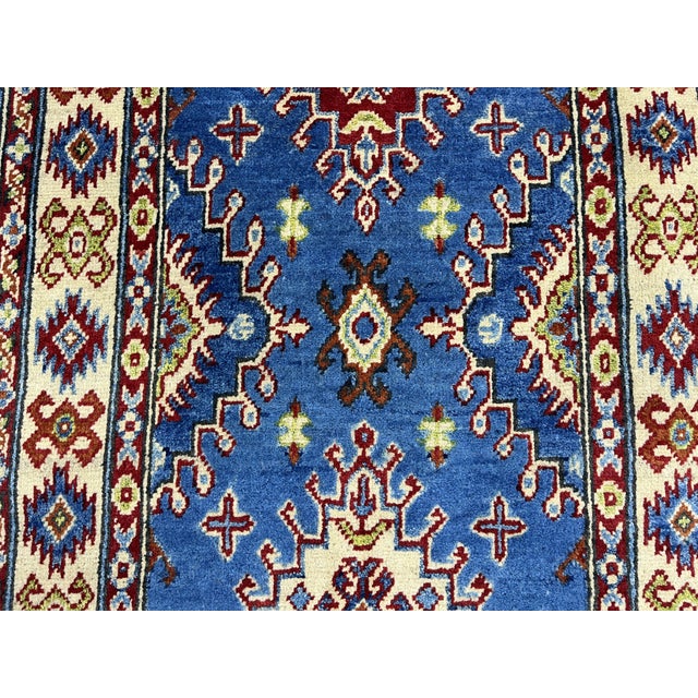 Cream Blue and Cream Kazak Wool Runner Rug With Tribal Medallions, 2'8" X 6'11" For Sale - Image 8 of 14