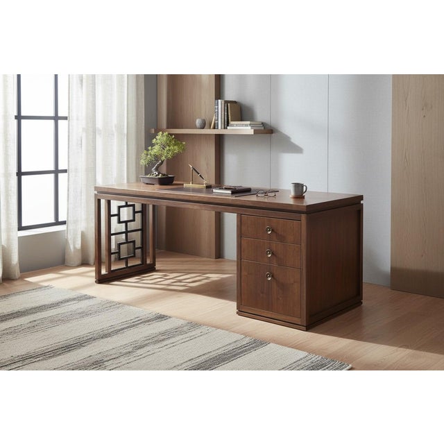 This striking vintage desk blends clean modern lines with bold geometric detail, offering a sophisticated statement piece...