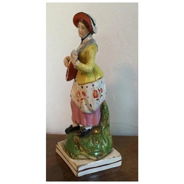 Antique Early 19th Century English George III Staffordshire Pearlware Figure of a Lady Musician Playing a Mandolin 1810 For Sale - Image 4 of 8