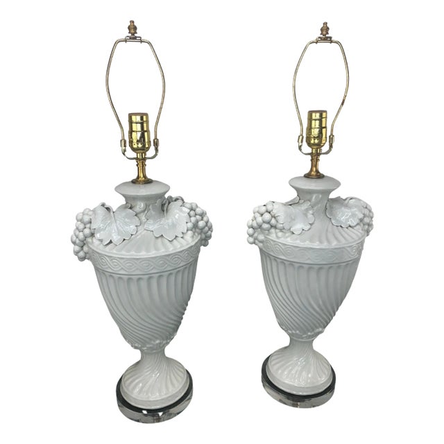 Pair of Italian Glazed Ceramic Urn Lamps With Grapes Clusters For Sale