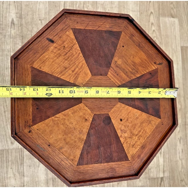 Antique Inlaid Octagonal Wood Accent Table Geometric Iron Cross Marquetry Top For Sale - Image 9 of 11