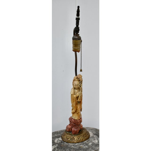 Antique (1910's) Table Lamp made of Soapstone with a Brass Base. Figure of Goddess Guanyin. Is the revered Chinese...