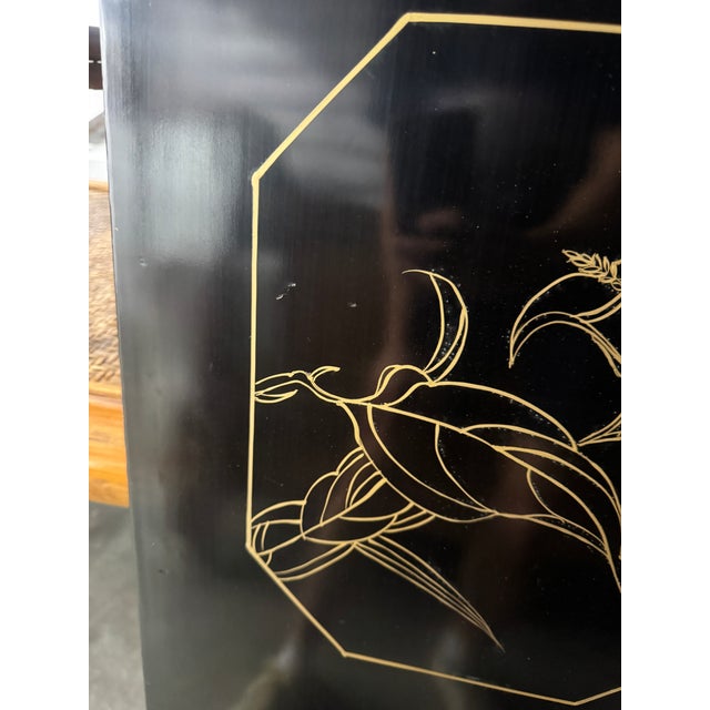 Vintage Chinese Five-Panel Black Lacquer Hardstone Inlaid Crane Room Divider Screen For Sale - Image 10 of 12