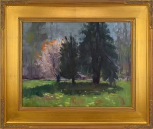Vintage American Impressionist Spring Landscape Oil Painting With Cherry Blossoms by Harry Barton