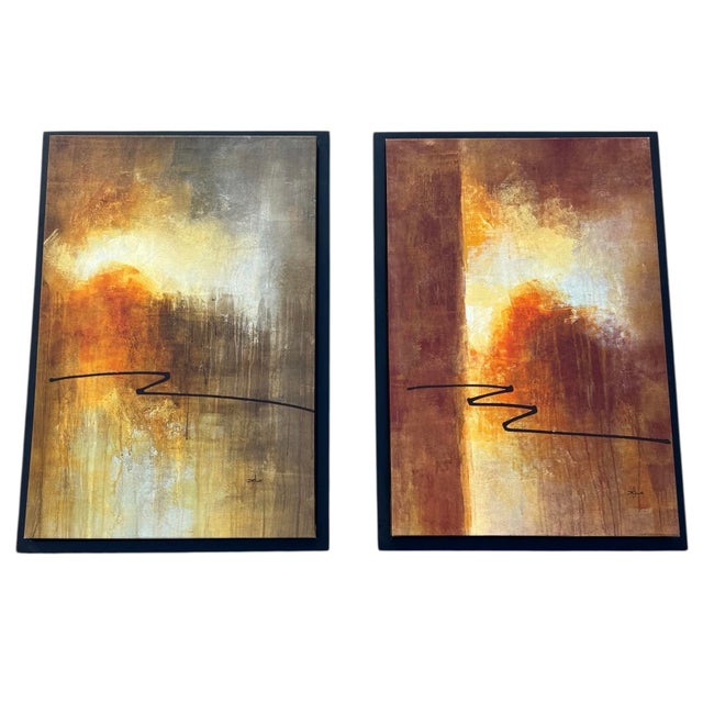 A pair of abstract oil paintings, signed by artist. Black frames. One is titled ‘The Way to Heaven’ & the other is titled...