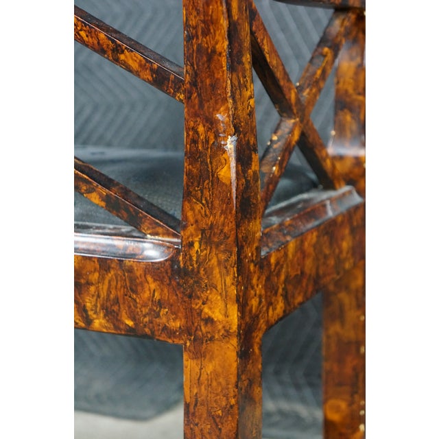 Vintage Chinese Chippendale Faux Tortoise Shell Pierced Trellis Bench Arm Chair For Sale - Image 16 of 18