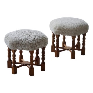 Mid-Century Danish Oak Stools with Shearling Lambswool Upholstery, 1950s, Set of 2 For Sale