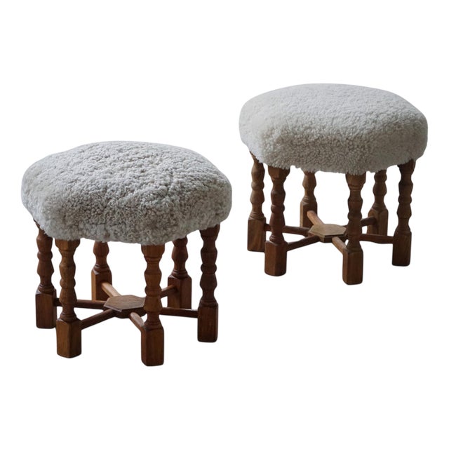 Mid-Century Danish Oak Stools with Shearling Lambswool Upholstery, 1950s, Set of 2 For Sale