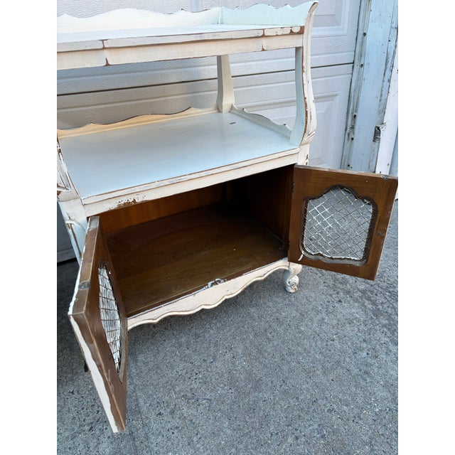 Vintage French Country Nightstands, Pair of Distressed White Bedside Cabinets With Wire Mesh Doors, Cottage Farmhouse Furniture, Shabby Chic For Sale - Image 12 of 12