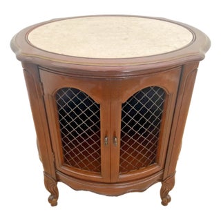 1960s French Style Round Table With Cabinet and Marble Top Solid Walnut, Swing Door For Sale