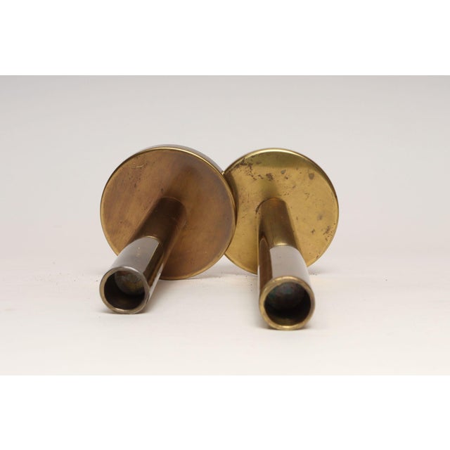1970s Set of Two Vintage Patinated Brass Candlesticks With Cork Bases For Sale - Image 5 of 18