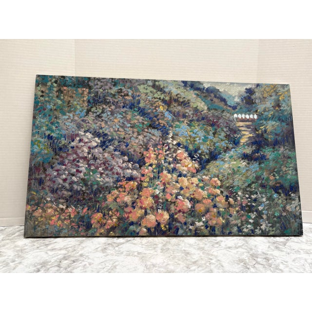 Cornflower Blue Vintage Impressionistic Canvas Wall Art of a Lush French Garden For Sale - Image 8 of 8