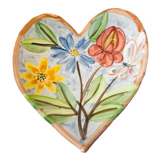 Vintage Heart Shaped Hand Painted Ceramic Dish - Signed For Sale