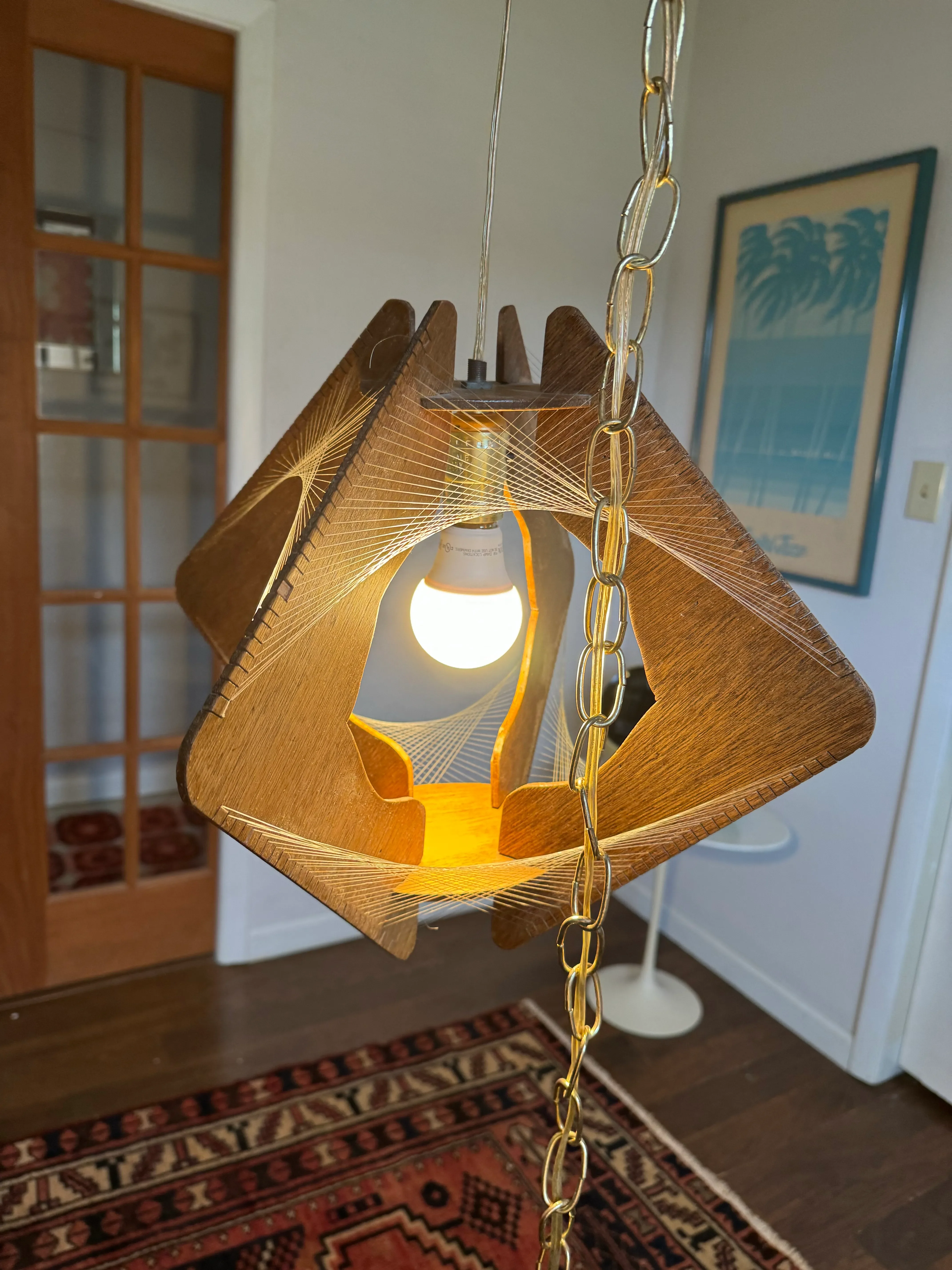 Vintage Mid-Century Wood Hanging Swag Light • Paul Secon Style