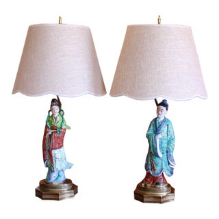 Pair of Antique Chinoiserie Porcelain Figure Lamps For Sale