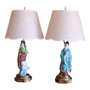 Pair of Antique Chinoiserie Porcelain Figure Lamps