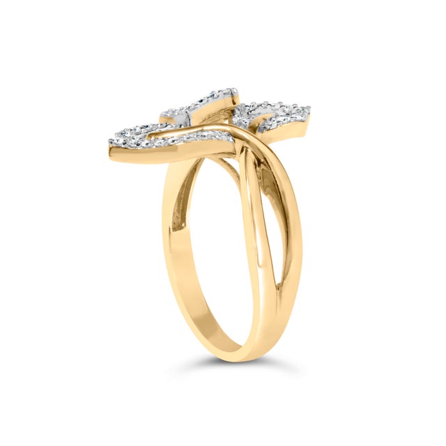 Haus of Brilliance 18K Yellow and White Gold Plated .925 Sterling Silver 3/8 Cttw Baguette and Round Diamond Bypass Triple Leaf Ring (I-J Color, I1-I2 Clarity) - Size 5 For Sale - Image 4 of 6
