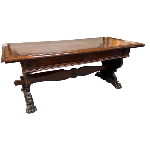Antique Italian Carved Walnut Trestle Library Dining or Writing Table With Paw Feet.