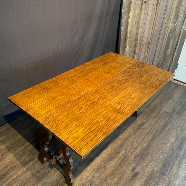 French Provincial French Console Table or Dining Table With Carved Trestle Base and Folding Top For Sale - Image 3 of 8
