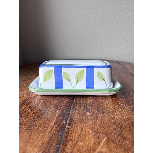 Caleca Leaf Pattern Butter Dish with lid Leaves, Blue Stripes, Green Trim Made in Italy Handpainted, Made of Terracotta...