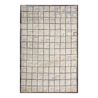 1920s Ivory Geometric Folk Art Antique Century American Hooked Rug 6' X 9'3" Handknotted Wool Carpet For Sale