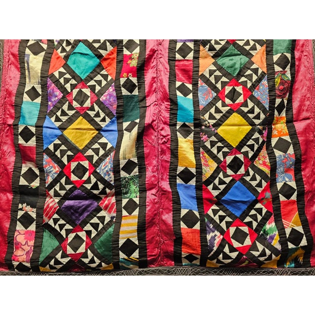 Textile Vintage Uzbek Quilt, Hand-Stitched Silk, Geometric Pattern, Red & Turquoise, 39” X 73” For Sale - Image 7 of 12