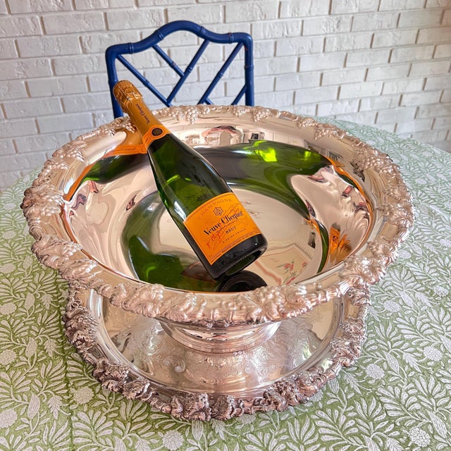 Gorham "Newport" silverplate punch bowl, tray and ladle with embossed design and grapevine rim // huge champagne bucket // wedding decor For Sale - Image 16 of 18
