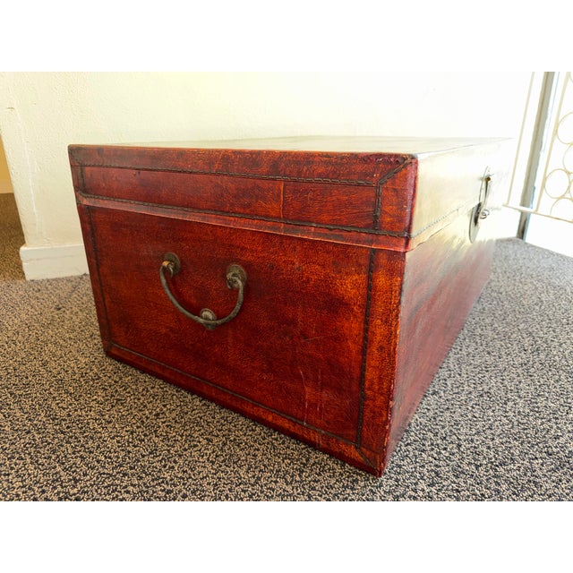 Late 19th Century Antique Chinese Qing Era Red Leather Trunk or Coffee Table For Sale - Image 5 of 12