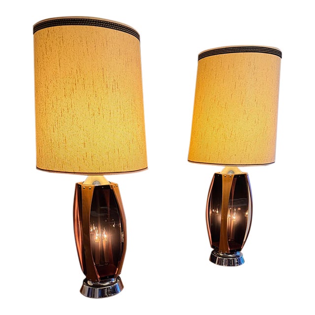 Pair of 1970s Lawrin Mid-Century Modern Walnut, Chrome & Smoked Plexiglass Table Lamps For Sale