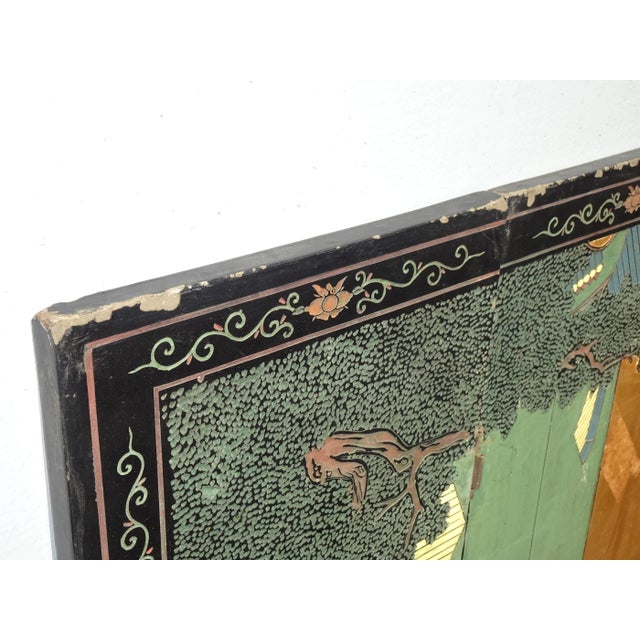 Wood 35"t Vintage Oriental Asian Gold Chinioiserie Coromandel 4 Four Panel Screen For Sale - Image 7 of 13