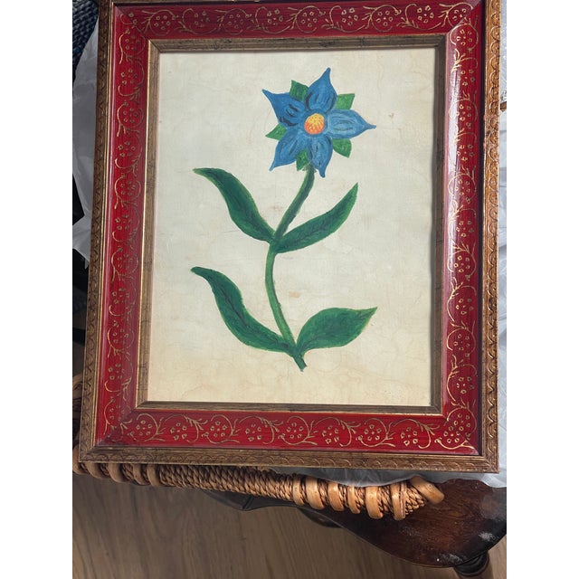 1940s American Antique Folk Art Naive Flower Painting Framed For Sale - Image 5 of 6